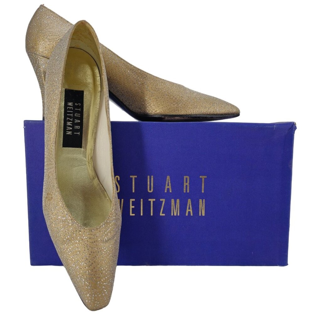 Stuart Weitzman Gold Silver Sparkly Fabric Pumps Women 8.5AAAA Dress Shoes Heels
